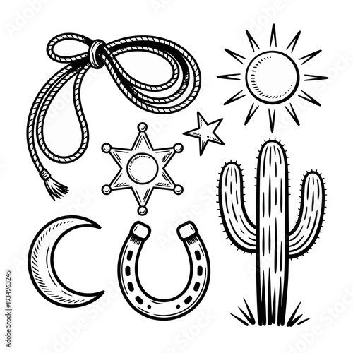Black and white western themed including cactus rope star horseshoe cowboy