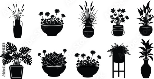 Black plant silhouette illustration, indoor potted plants vector, decorative foliage artwork, floral design graphic, houseplant icon set, isolated nature image