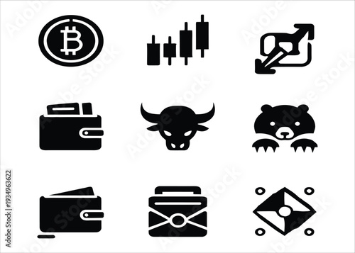 Financial market symbols representing cryptocurrency, stock trading charts, business growth, digital wallets, and bull/bear market indicators