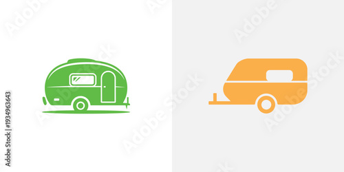 Green and orange camper trailers side by side travel