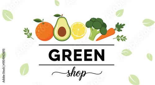Green Shop Logo with Fresh Organic Vegetables and Fruits, Healthy Grocery Store Branding with Avocado Orange and Broccoli Vector.