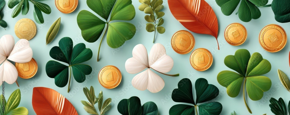 Obraz premium St. Patrick's Day background with shamrocks, clovers and scattered gold coins for festive luck