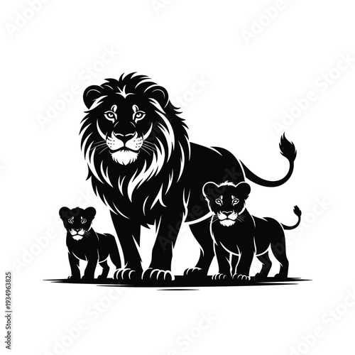 A majestic lion stands protectively with two adorable lion cubs