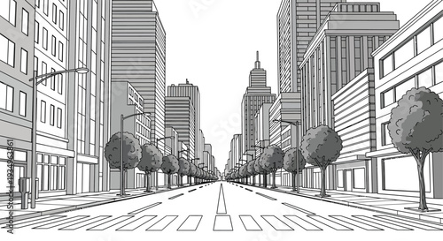 City street with tall buildings and trees