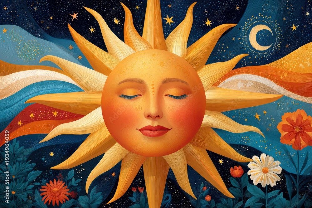 Fototapeta premium Radiant golden sun with a serene face amid celestial stars, moon and floral nightscape illustration