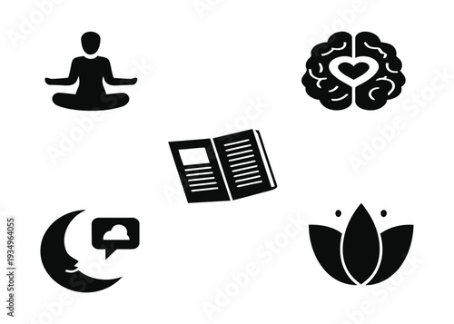 Comprehensive icon set illustrating essential elements for mental well-being meditation, brain health, knowledge acquisition, restful sleep, and inner peace