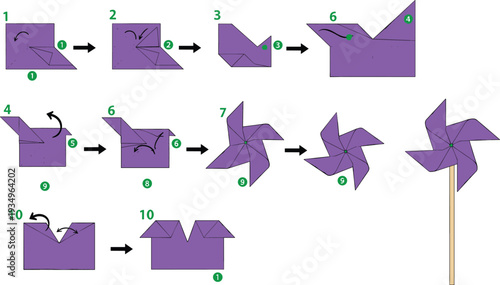 Paper Pinwheel Origami Step by Step Tutorial, DIY Folding Instructions for Purple Windmill Toy, Kids Craft Vector Illustration.