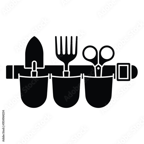 Gardening tools arranged in a belt with pouches black and white icon