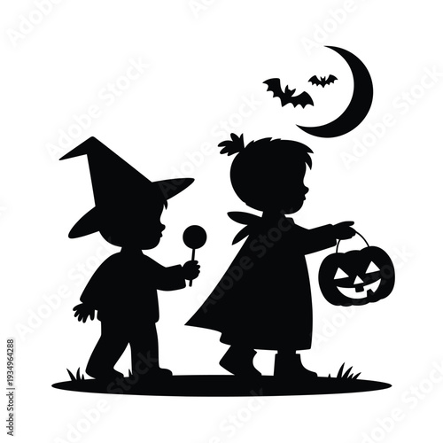 A silhouette of a witch and a child trick or treating on halloween