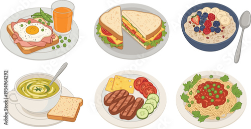 Healthy breakfast and lunch meals set with sandwiches oatmeal soup steak pasta and fresh juice vector illustration collection