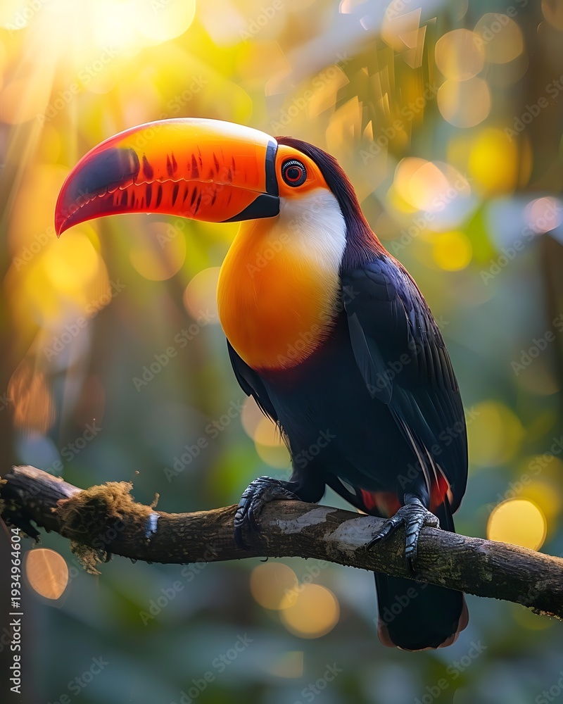 Obraz premium Bright toucan with a large beak resting on a branch, digital painting