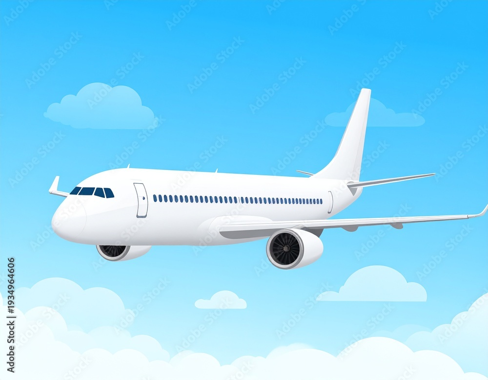 Obraz premium White airplane soaring through a bright blue sky with fluffy clouds, travel concept.