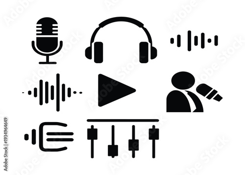 Collection of audio and sound recording equipment and symbols for broadcasting and music production