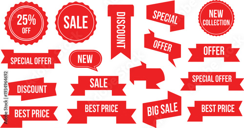 Red Sale Banner Set with Discount Badges, Special Offer Ribbons, New Collection Labels, and Best Price Promo Vector Illustrations.