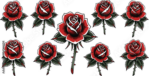 Red Rose Illustration Set with Detailed Petals and Thorns, Vintage Tattoo Style Floral Elements, and Romantic Vector Graphics.