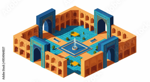 Isometric 3D illustration of a futuristic or ancient architectural structure.