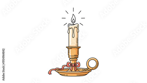 Traditional burning candle in a golden brass holder with a small red ribbon bow and dripping wax isolated on white background.