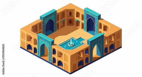 Isometric illustration of a traditional Middle Eastern courtyard building with arches and a fountain.