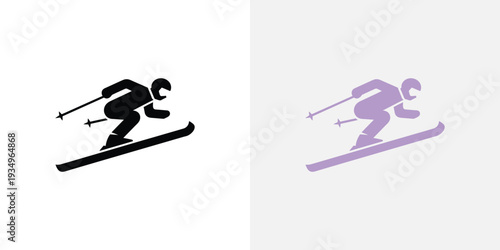 Skier silhouettes in black and purple skiing