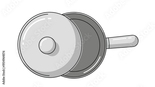 Top down view of a silver metallic cooking pot with a partially open lid and handle isolated on a white background for kitchen concepts.