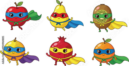 Super Fruit Hero Character Set with Cape and Mask, Cute Apple Pear Kiwi Lemon Pomegranate and Orange Mascots Vector Illustration.