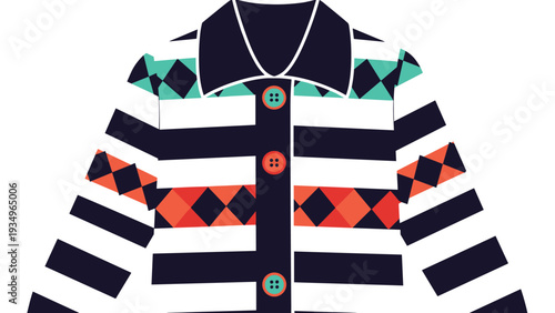 Stylish cardigan with a navy blue collar, buttons, and a pattern of horizontal stripes and colorful diamond shapes on a white base.