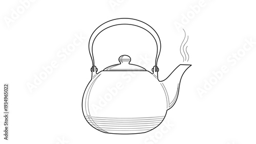 Simple line art drawing of a classic teapot with steam rising from the spout isolated on a white background for coloring or design.