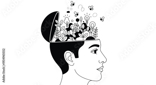 Open Human Head with Growing Plants and Ideas