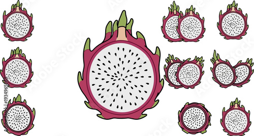Fresh Dragon Fruit Cross Section And Whole Fruit Variations