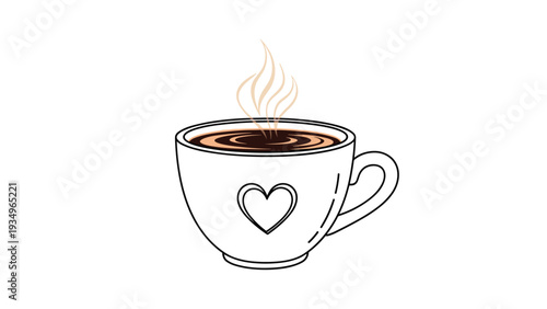 Simple illustration of a white coffee mug decorated with a heart shape and steam rising from the dark hot beverage inside.