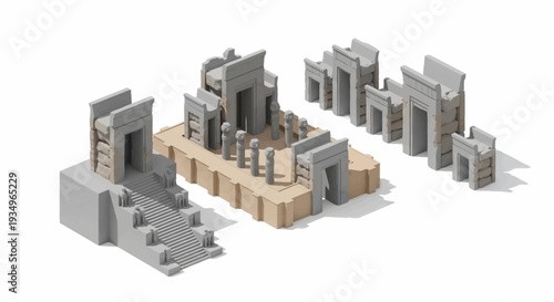 3D rendering of ancient temple ruins with stone structures and pillars.