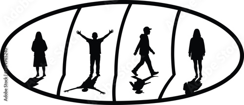 Human silhouette shadow illustration, expressive posture artwork, body movement design, standing gesture motif, walking stance sketch, symbolic figure pattern, abstract communication drawing