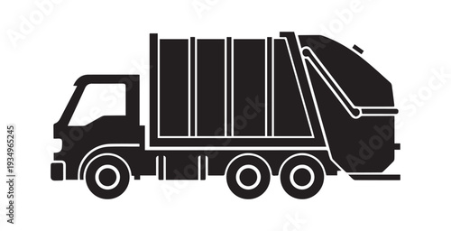 Solid black refuse truck illustration, flat and minimal, isolated on blank background.