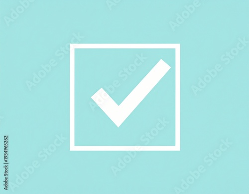 White check mark inside a square on a light blue background, simple design.
