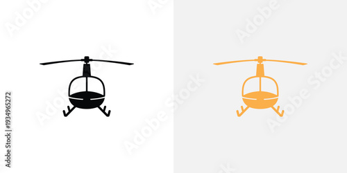 A black and orange helicopter icon on a white background for design and transportation themes
