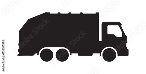 Black trash collection vehicle icon, simple silhouette style, side perspective on white.