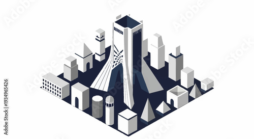 Isometric cityscape with modern skyscrapers and urban landscape.