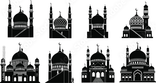 Mosque silhouette illustration, Islamic architecture artwork, religious building design, cultural heritage motif, spiritual worship sketch, decorative sacred pattern, traditional dome structure