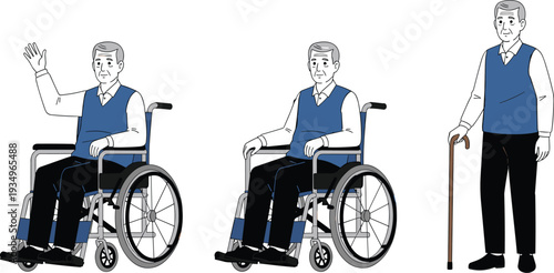 Senior man in wheelchair and with walking cane, elderly male character set isolated on white background vector illustration