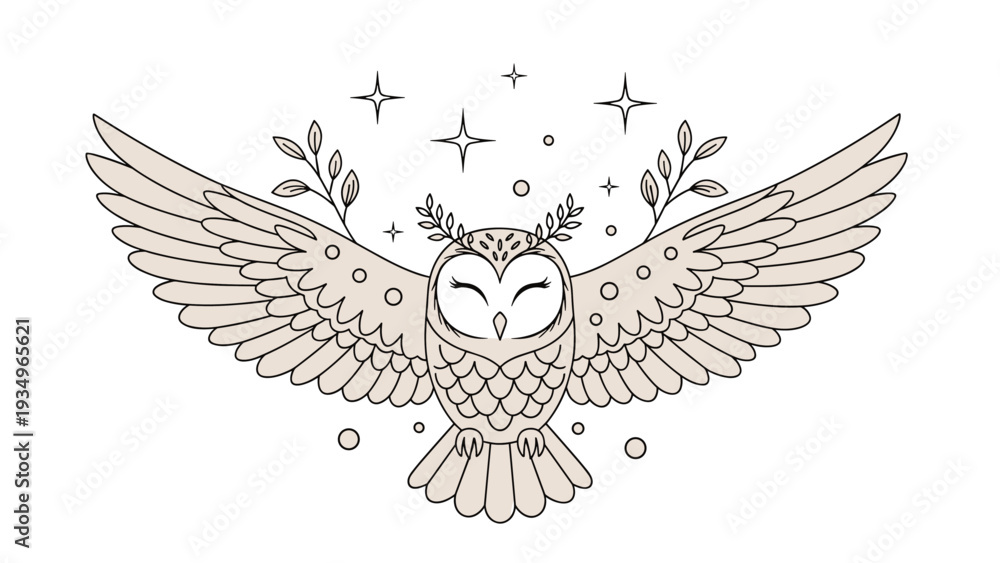Obraz premium Stylized line art of a barn owl with wide wings outstretched surrounded by stars and delicate leafy branches.