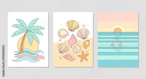 Set of three beach-themed illustrations featuring pineapple, seashells, and serene ocean landscape.