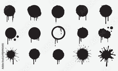 Collection of black ink splatters and drips on a white background paint splatter ink drip