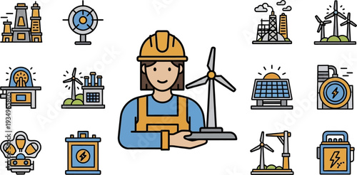 Engineer With Wind Turbine Surrounded By Energy Symbols