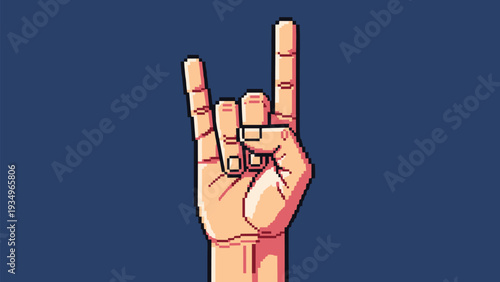 Pixel art illustration of a hand making the rock on or sign of the horns gesture against a blue background.