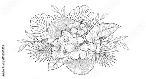 Tropical flowers and leaves bouquet illustration.