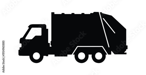 Black silhouette trash truck icon, side profile, minimal vector design on white background.
