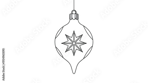 Black and white line drawing of a teardrop Christmas ornament decorated with an eight pointed star pattern.