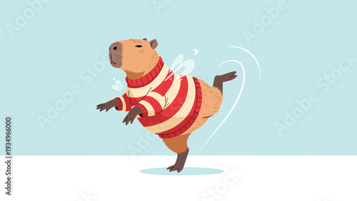 Cute capybara character wearing a red and white striped winter sweater while performing an elegant ice skating pose on a light blue background.