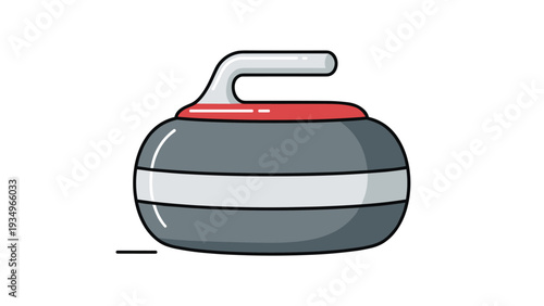 Colorful vector illustration of a professional curling stone with a grey body, white band, and a red top with a silver handle for winter sports.