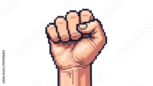 Retro style pixel art illustration of a raised human fist representing power, strength, solidarity, or protest against a plain white background.